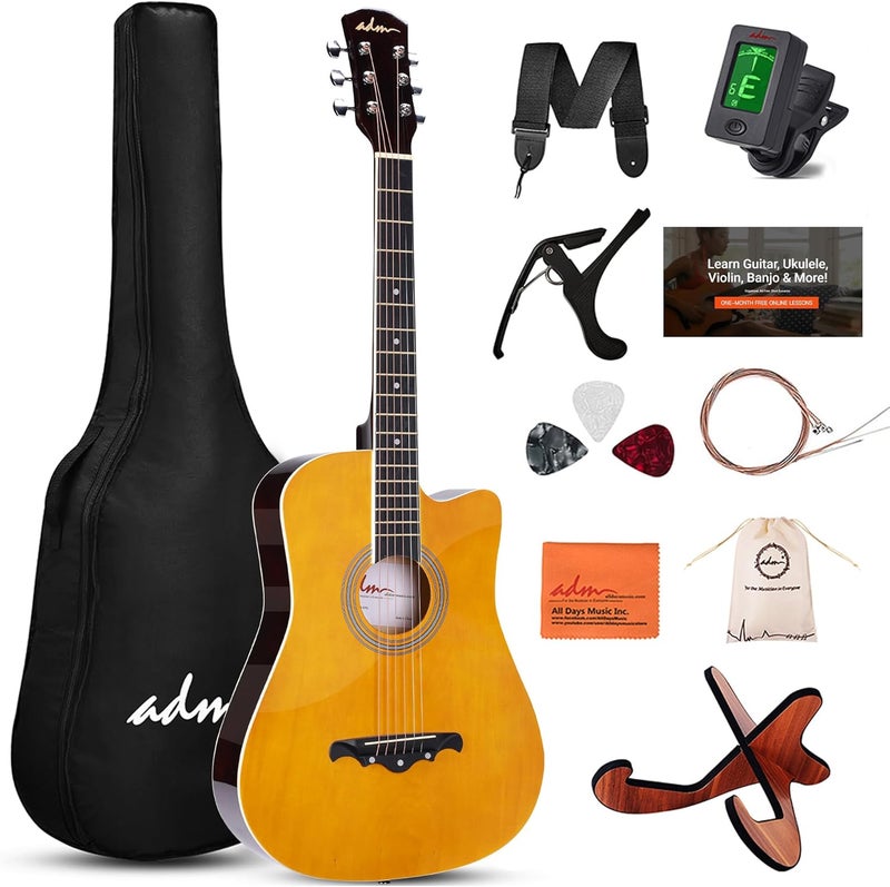 ADM 38" Inch Acoustic Guitar Bundle for Beginners Adults with Online Lesson, Cutaway Wood Acustica Guitarra Starter Set Package with Gig Bag, Strap, Steel Strings, Picks, Capos, Stand, Yellow - Image 1
